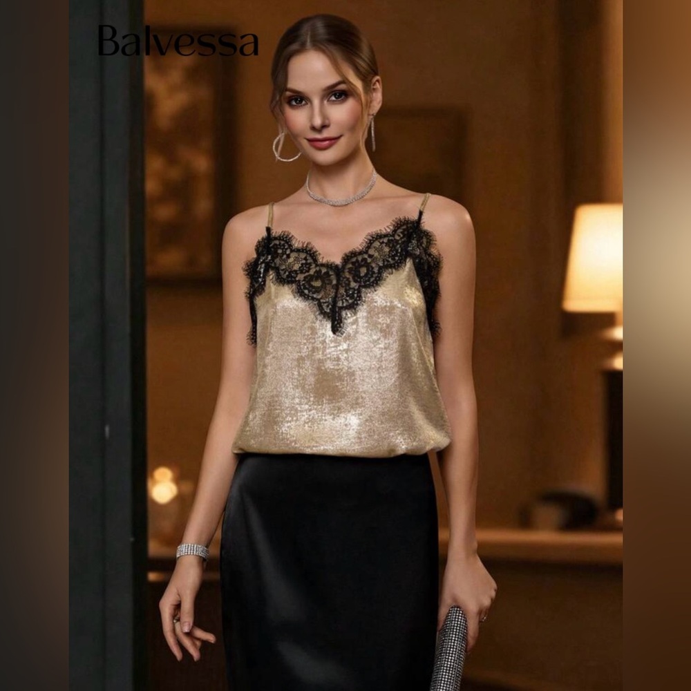 Elegant Gold and Black Lace Trim Cami Top